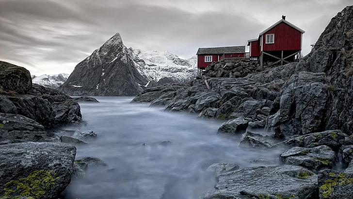 red wooden house, nature, landscape, Norway, mountains, rock, HD wallpaper