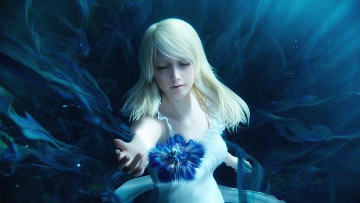 Final Fantasy XV, Lunafreya Nox Fleuret, blue flowers, Luna (Final Fantasy XV), HD wallpaper