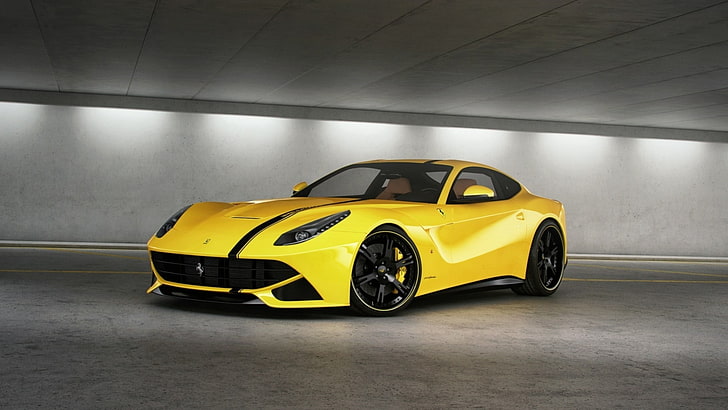 yellow supercar, Ferrari F12berlinetta, mode of transportation, HD wallpaper