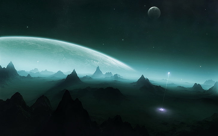 mountains overlooking nighttime sky, space, planet, digital art