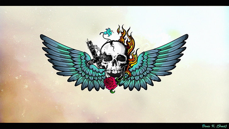 skull and blue wings wallpaper, tattoo, auto post production filter, HD wallpaper