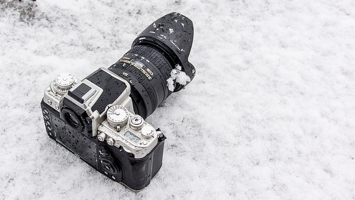 black and gray metal tool, camera, snow, monochrome, Nikon, high angle view