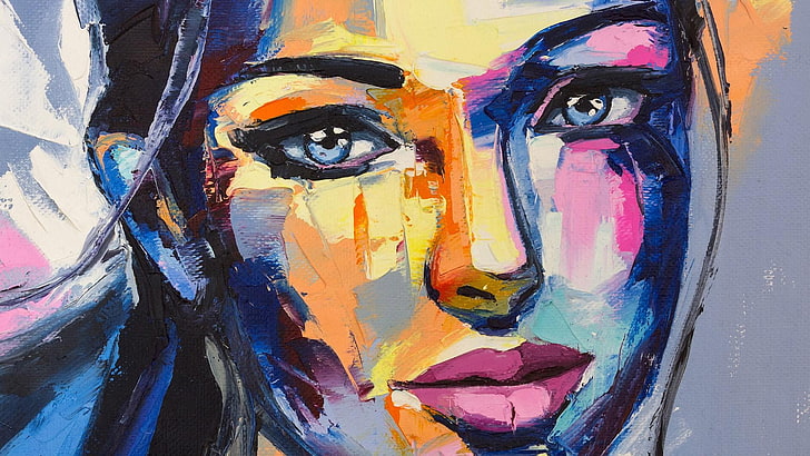 painting, beautiful, colorful, oil, brush, strokes, lips, blue eyes
