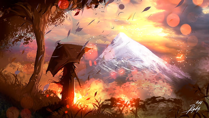 HD wallpaper: anime landscape, scenic, mountain, autumn, woman, sunset |  Wallpaper Flare