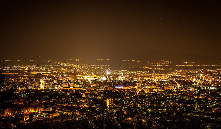 high angle photo of lighted city, Skopje, building exterior, cityscape