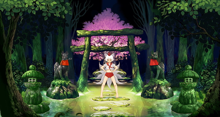 fox girl, white hair, cherry blossom, representation, art and craft, HD wallpaper