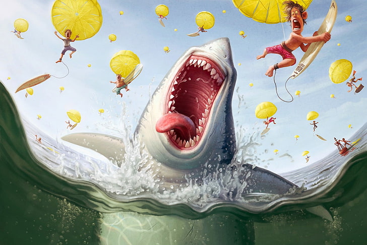 shark, parachutes, people, sea, water, one person, mouth open
