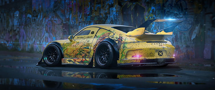 yellow coupe, ultra-wide, car, Porsche, Khyzyl Saleem, render, HD wallpaper