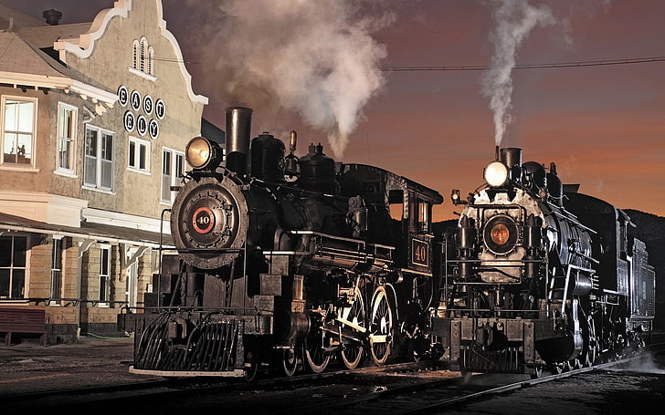 black train travelling during nighttime, vintage, steam locomotive