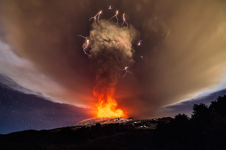 bonfire illustration, nature, volcano, lava, lightning, clouds