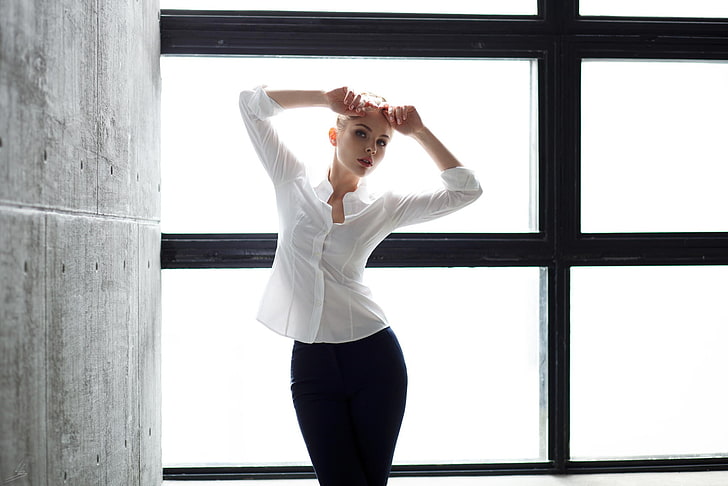 women's white long-sleeved button-up shirt, model, blonde, long hair