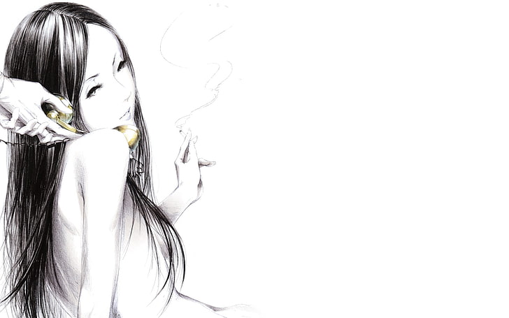woman holding cigarette illustration, girl, smoke, Figure, hands, HD wallpaper