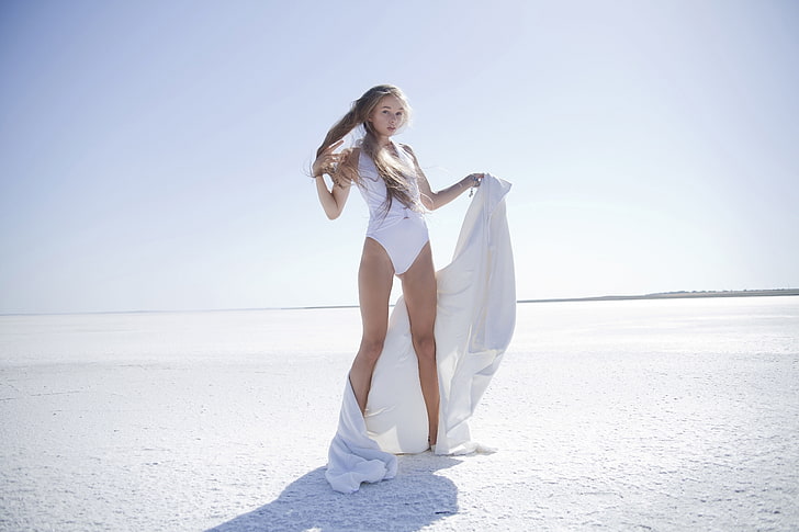 women's white swimsuit, Milena D, pornstar, full length, land, HD wallpaper