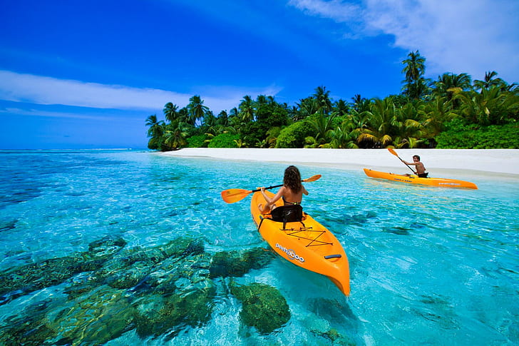 Canoe On Blue Lagoon In Maldives, two orange kayak, island, exotic, HD wallpaper