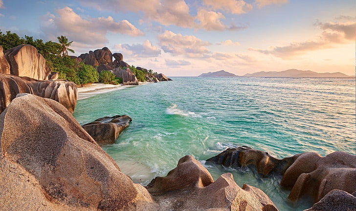 brown rocks, Seychelles, palm trees, beach, sunset, tropical, HD wallpaper