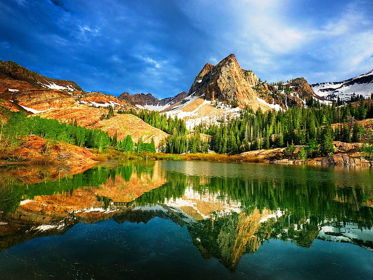 Utah, USA, mountains, lake, reflection, trees, nature, landscape, HD wallpaper