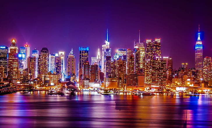 Hudson river, New York city, photo of high rise buildings, lights, HD wallpaper