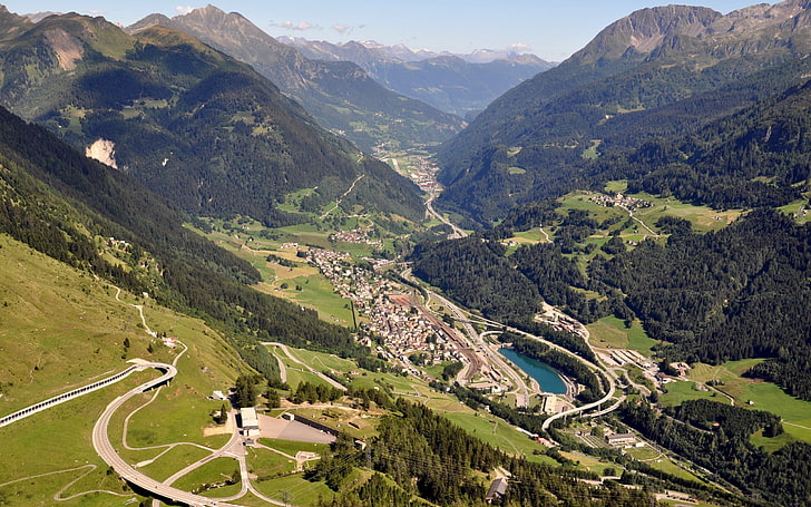 Alps, Switzerland, landscape, mountains, road, valley, town, HD wallpaper