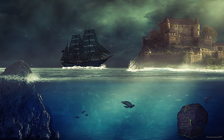 black sailboat near castle digital wallpaper, sea, ship, water, HD wallpaper