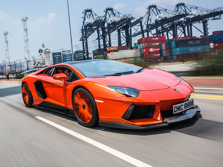 orange coupe, road, movement, tuning, Lamborghini, front view, HD wallpaper
