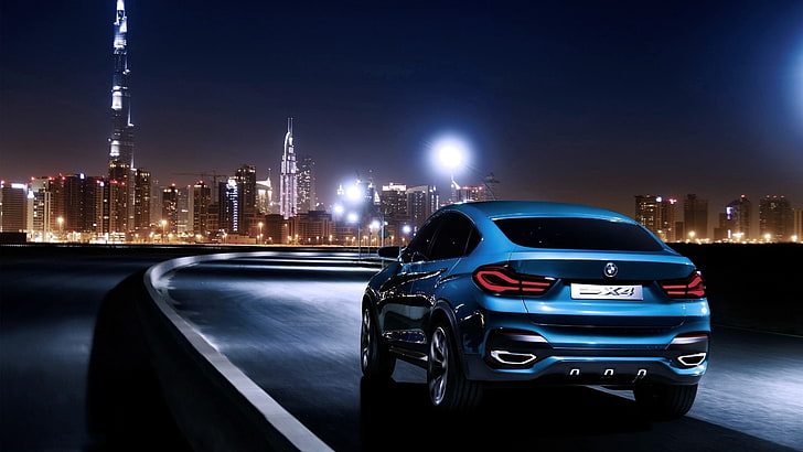 blue BMW X6 SUV, bmw x4, rear view, city, night, car, traffic, HD wallpaper
