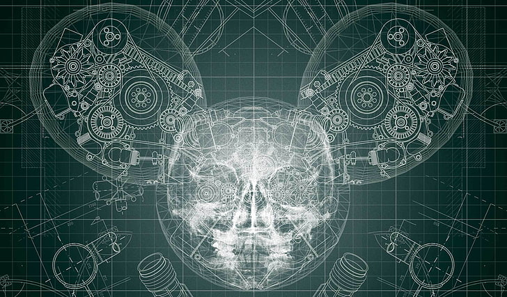 deadmau5, skull, gears, helmet, x-rays, pattern, technology, HD wallpaper
