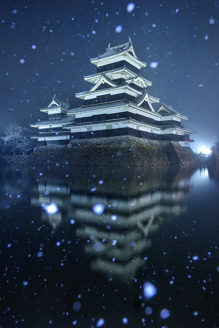 Japan, winter, Matsumoto, water, castle, HD wallpaper