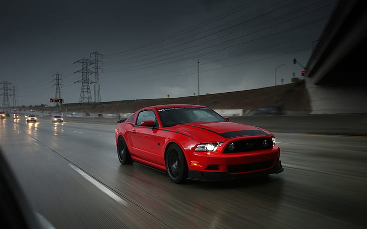 Hd Wallpaper Ford Mustang Rtr Red Supercar Highway Speed Rain Red And Black Coupe Wallpaper Flare