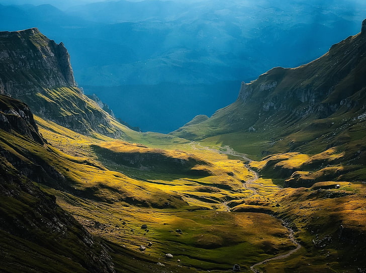 valley, mountains, sun rays, grass, cliff, nature, landscape, HD wallpaper