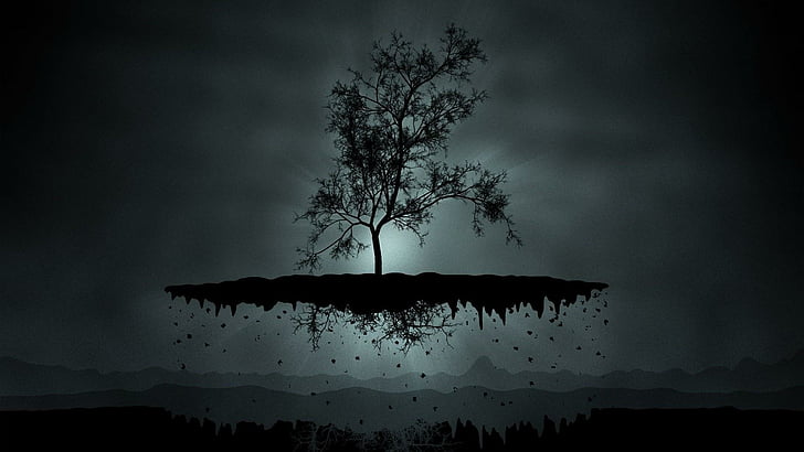 tree, silhouette, fantasy art, floating island, HD wallpaper