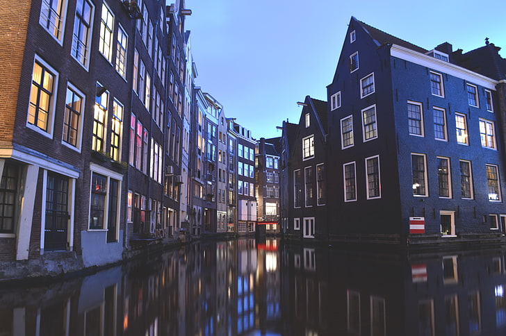 black concrete house, amsterdam, netherlands, buildings, canal, HD wallpaper