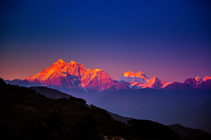 The Himalayas, mountains, trees, evening, nepal, blue, nature and landscapes