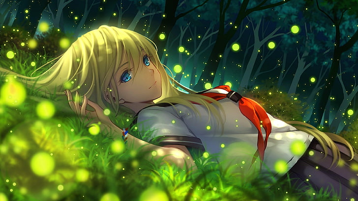 anime, anime girl, blonde hair, trees, green, firefly