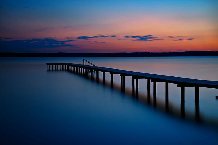 brown wooden sea dock, Evening, Blues, Starnberger  See, sunset, HD wallpaper