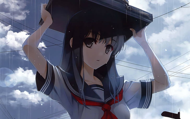 HD wallpaper: anime, fan art, anime girls, schoolgirl, school uniform, rain  | Wallpaper Flare