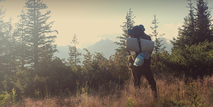 men's blue polo shirt, traveller, forest, bag, alone, nature