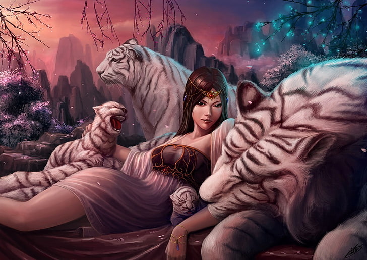 tiger, fantasy art, fantasy girl, young women, young adult