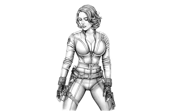 Black Widow sketch, girl, Scarlett Johansson, art, white background