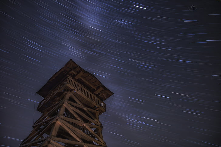 brown wooden watchtower, Moon, galaxy, star trails, Hungary, building, HD wallpaper