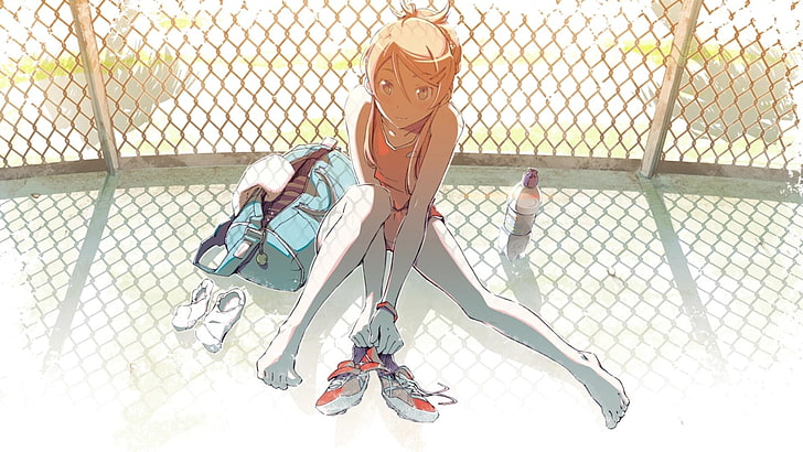 female sitting beside fence and duffel bag anime digital wallpaper