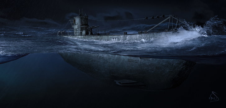gray ship digital illustration, night, the ocean, Art, one, submarine