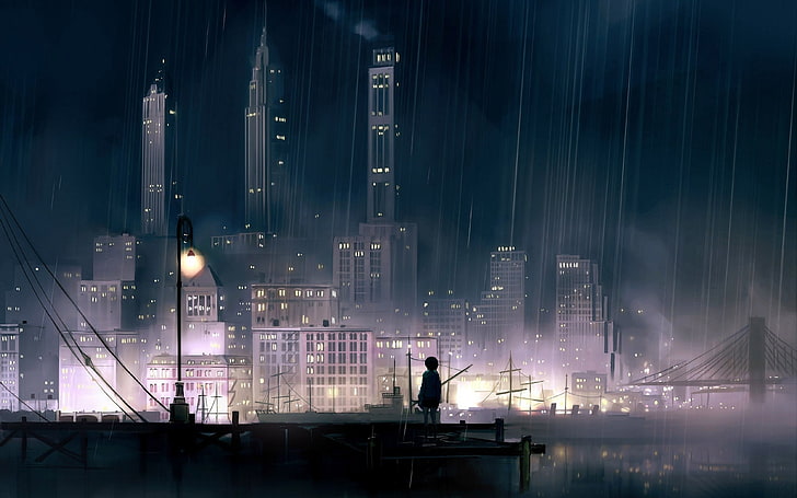 illustration of city buildings, silhouette of boy standing in front of buildings during nighttime