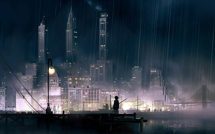 HD wallpaper: anime, lantern, cityscape, night, rain, landscape | Wallpaper  Flare