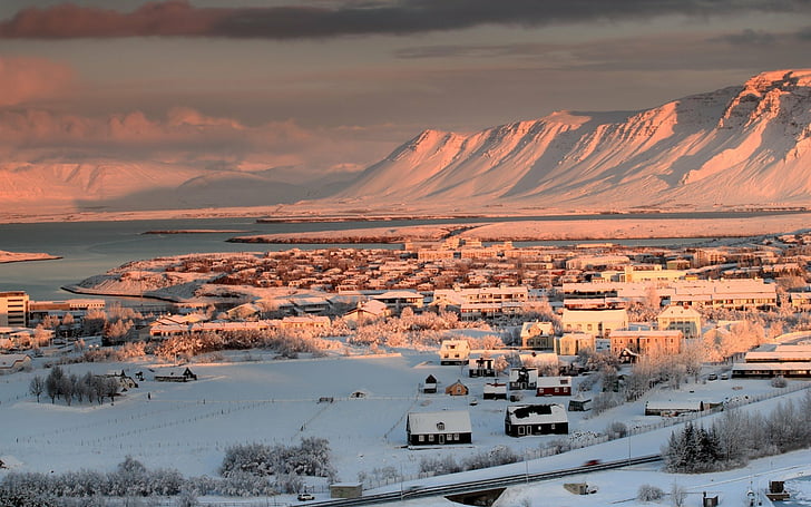 Cities, Reykjavík, Mountain, Snow, Town, Winter