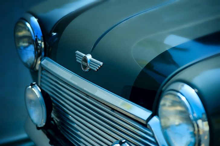 gray Mini Cooper, logo, headlights, car, chrome, land Vehicle, HD wallpaper