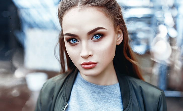women, blue eyes, portrait, face, depth of field, Anastasia Lis, HD wallpaper
