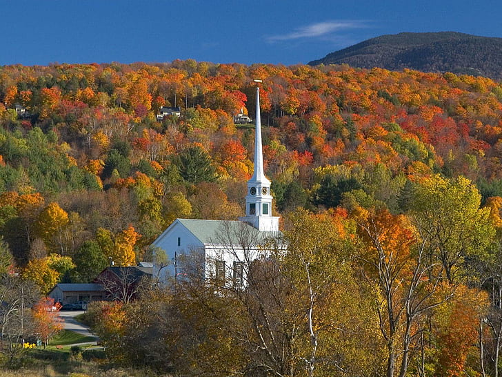 Church of Stowe, Vermont, in Autumn, white wooden house, landscape