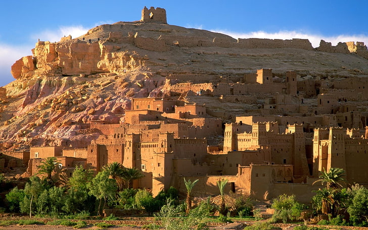 brown ruins landmark, kasbah, sand, morocco, africa, desert, casbah, HD wallpaper