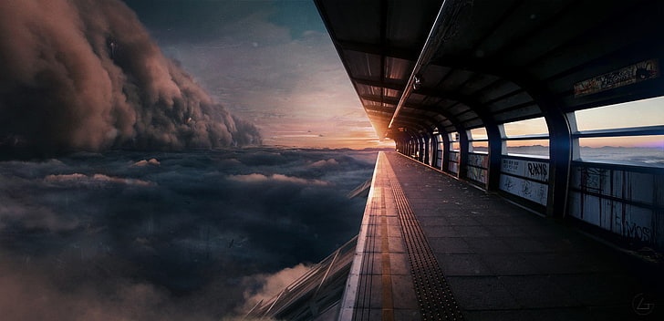 train station, skyline, futuristic, clouds, cliff, landscape, HD wallpaper