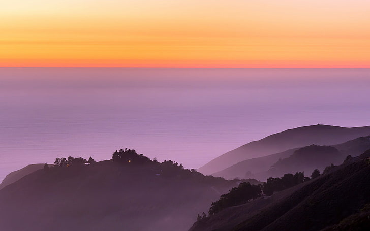 Landscape, ocean, nature, sunset, fog, Big Sur, Calfornia, HD wallpaper